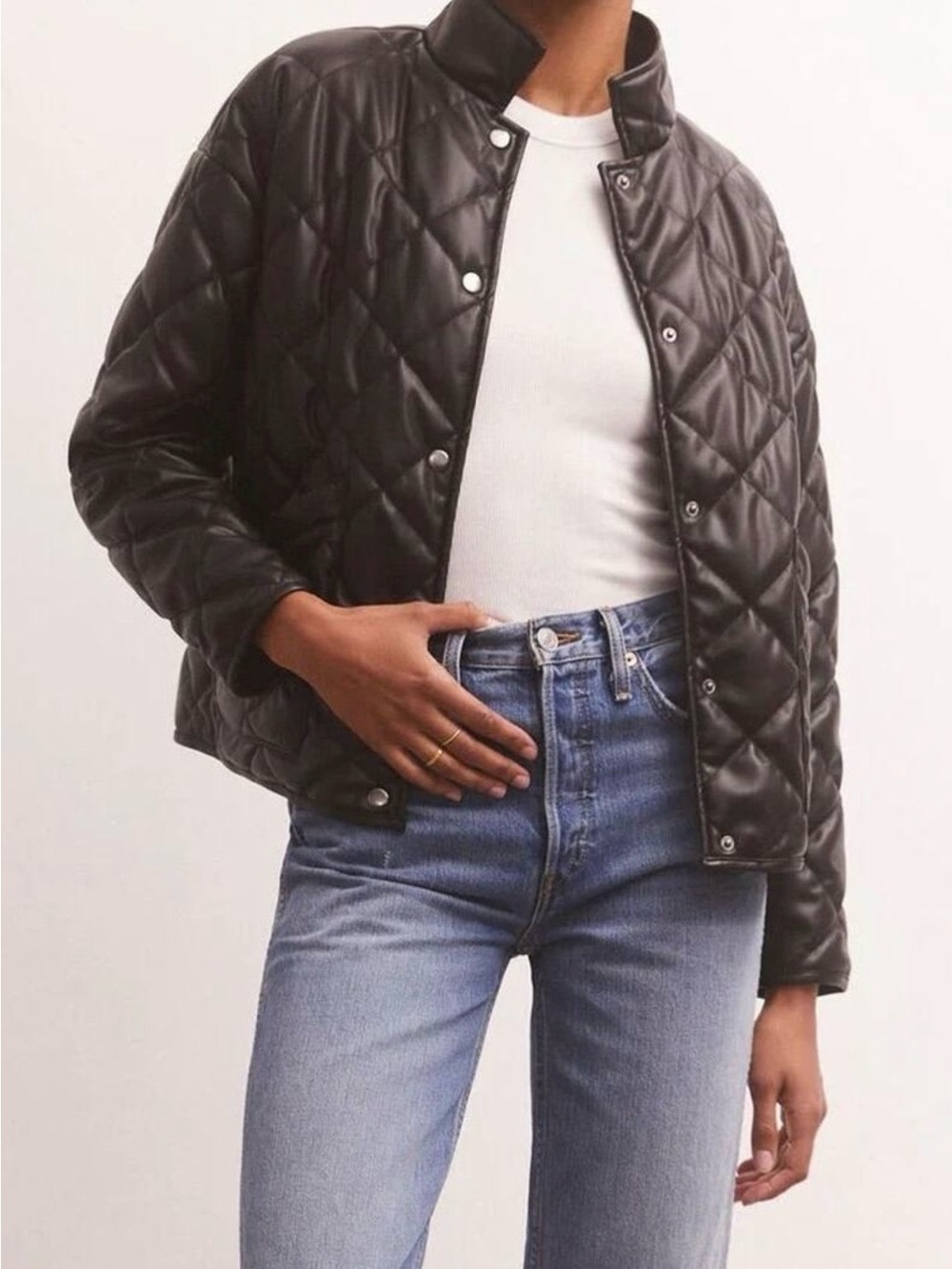 Quilted Black Puffer Jacket with Snap Front